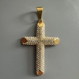 Cross Pendant Stainless Steel Cubic Zirconia 24” Chain Necklace Hip Hop Gold Men